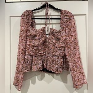 *NEW* ASTR Ruched Front Smocked Back Tie Neck Puff Shoulder Top